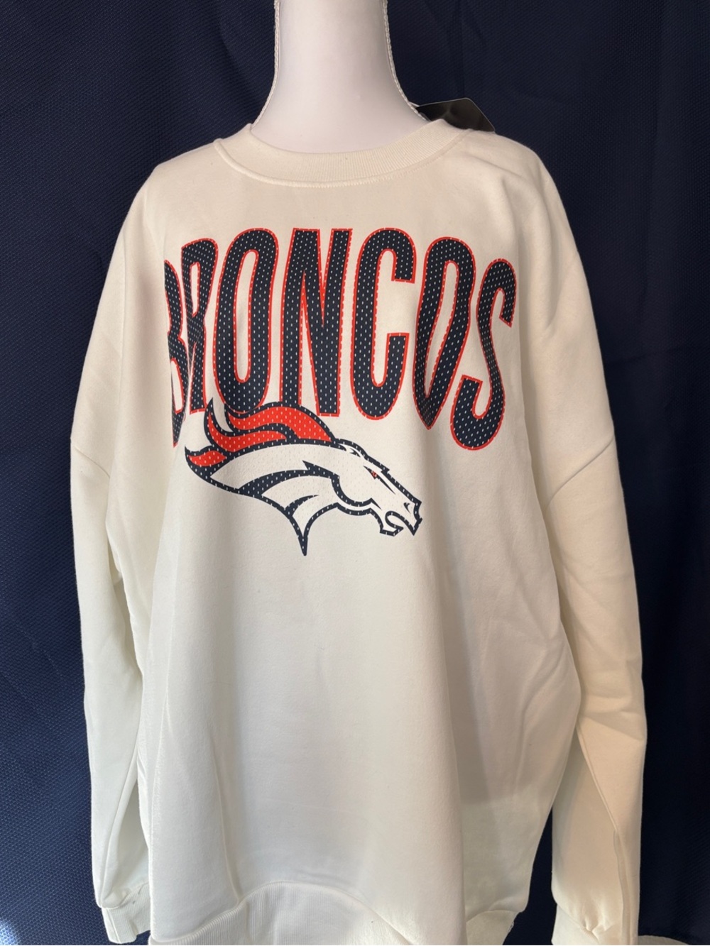 NFL Broncos White Crewneck with Navy and Orange Logo